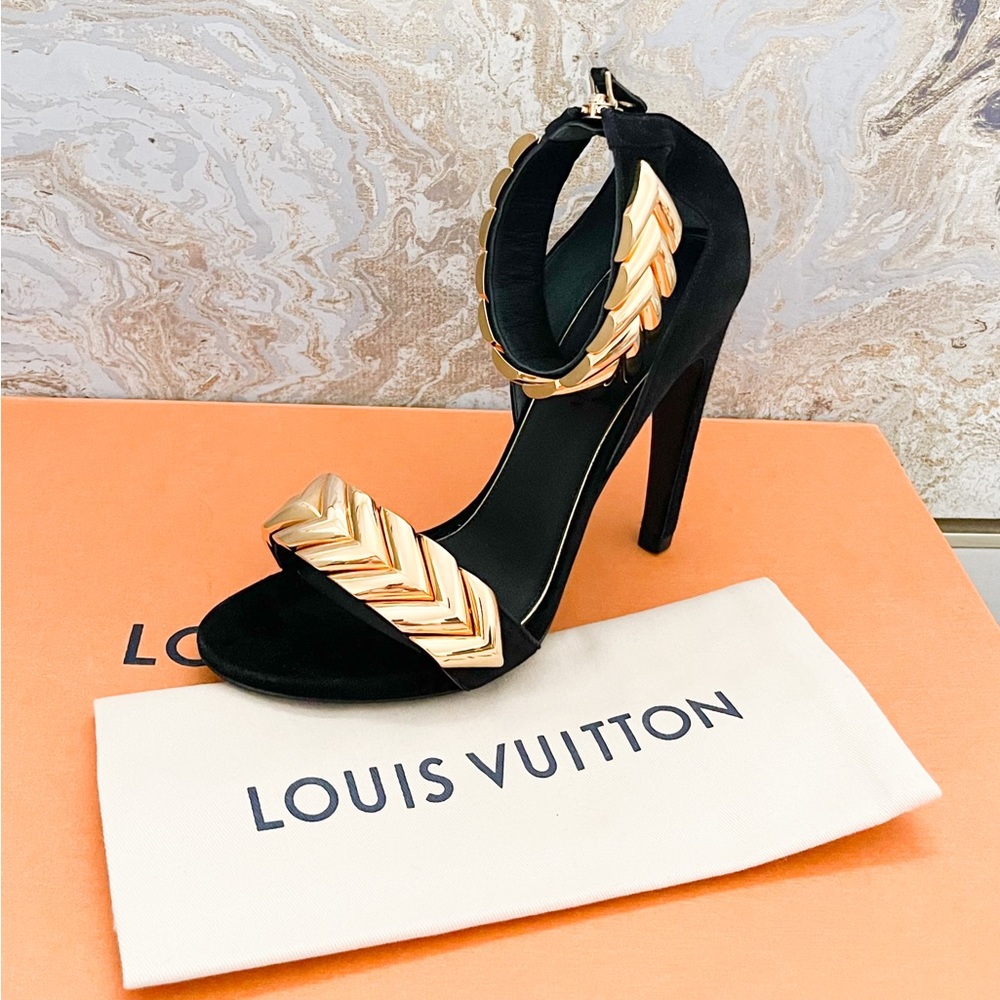 New! Louis Vuitton Black Gold V Symphony Heel Sandals